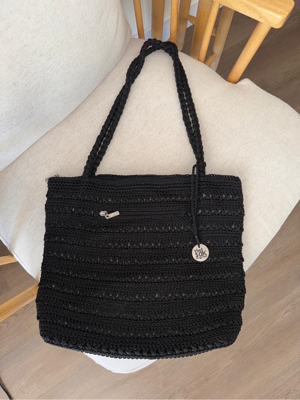 Vintage The Sak Black Crochet Black Woven Tote Boho Granny Shoulder Bag Purse - Picture 6 of 15